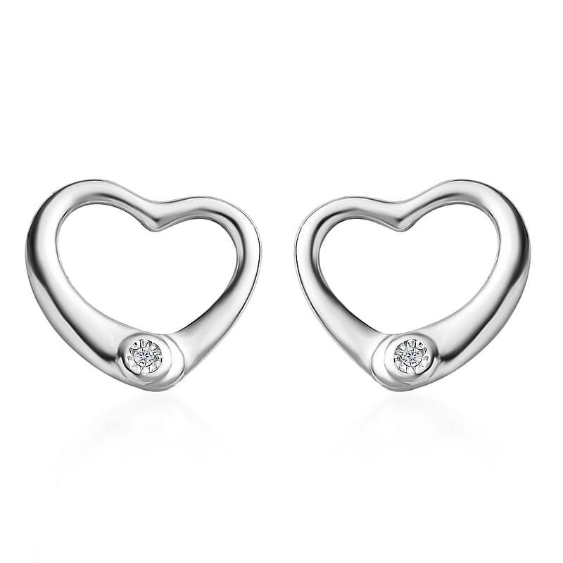 White Diamond Accent Heart Solitaire Stud Earrings in Sterling Silver