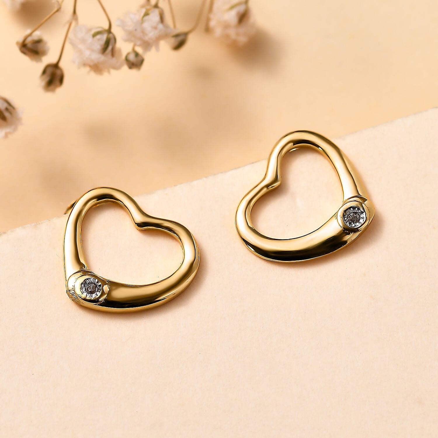 White Diamond Accent Heart Solitaire Stud Earrings in 14K Yellow Gold Over Sterling Silver