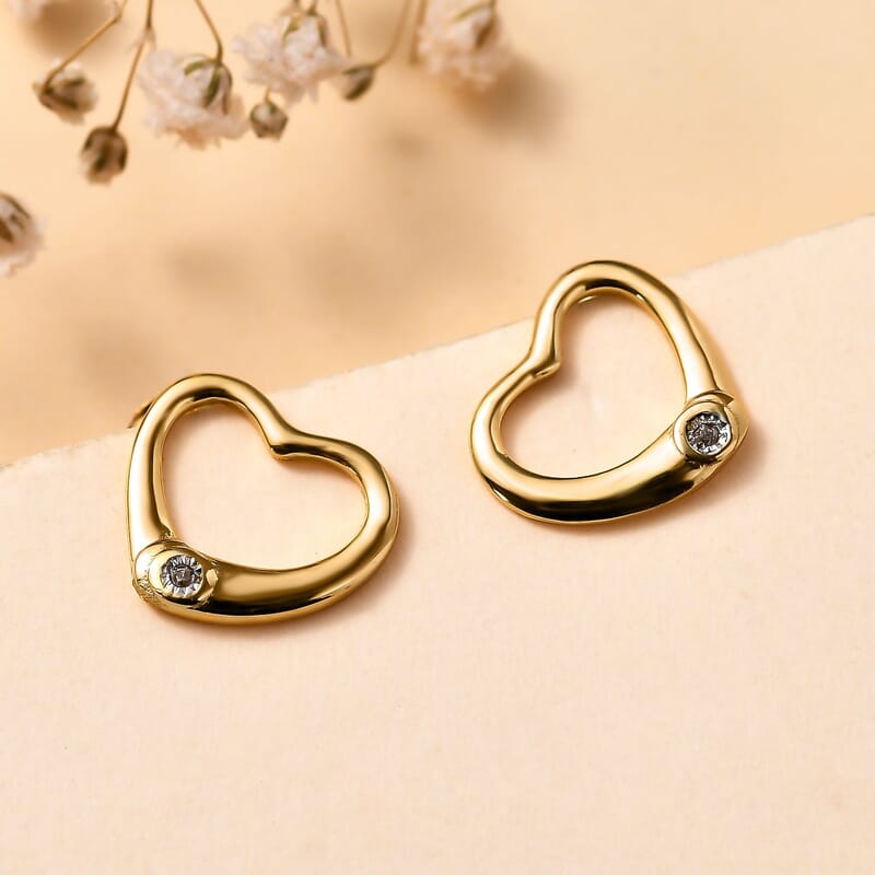 White Diamond Accent Heart Solitaire Stud Earrings in 14K Yellow Gold Over Sterling Silver
