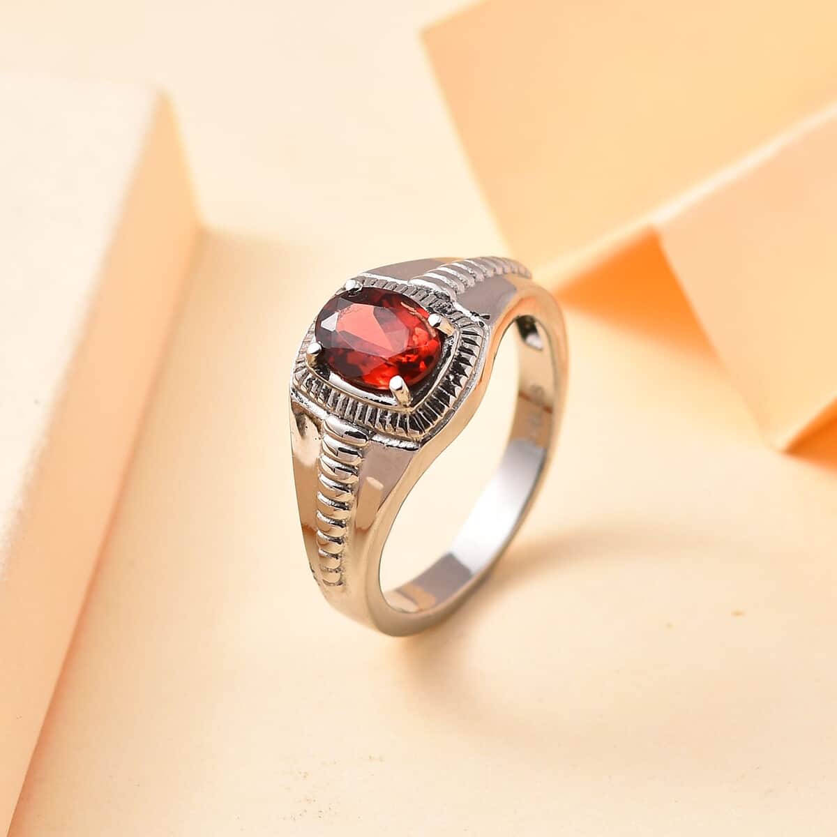 Mozambique Garnet Men's Ring in Stainless Steel 1.50 ctw image number 1