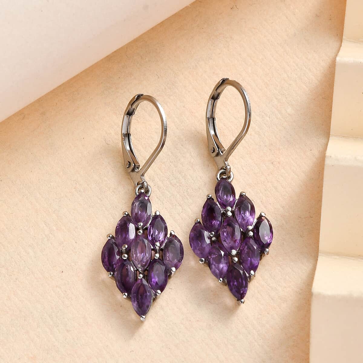 African Amethyst Lever Back Earrings in Stainless Steel 4.40 ctw image number 1