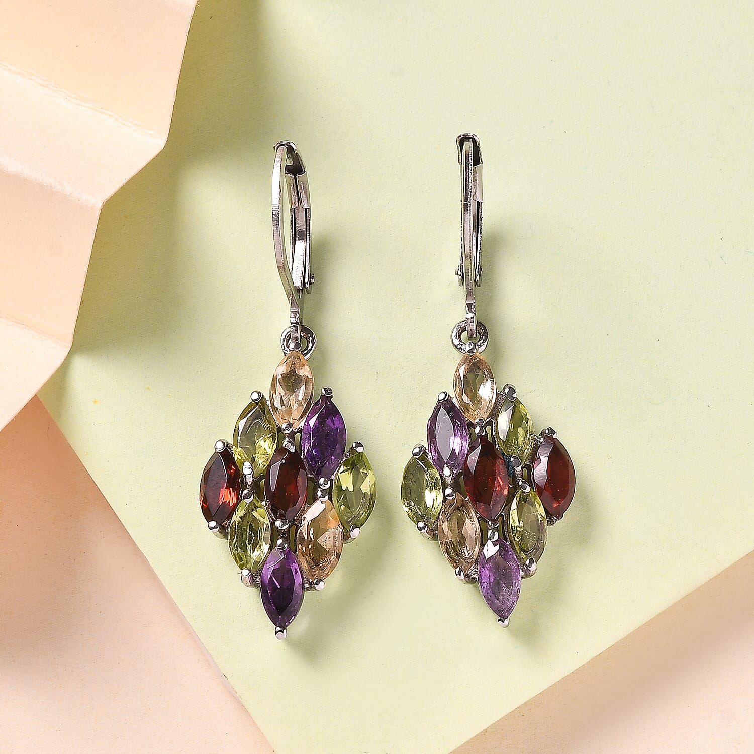 Multi Gemstone 4.30 ctw Lever Back Earrings in Stainless Steel