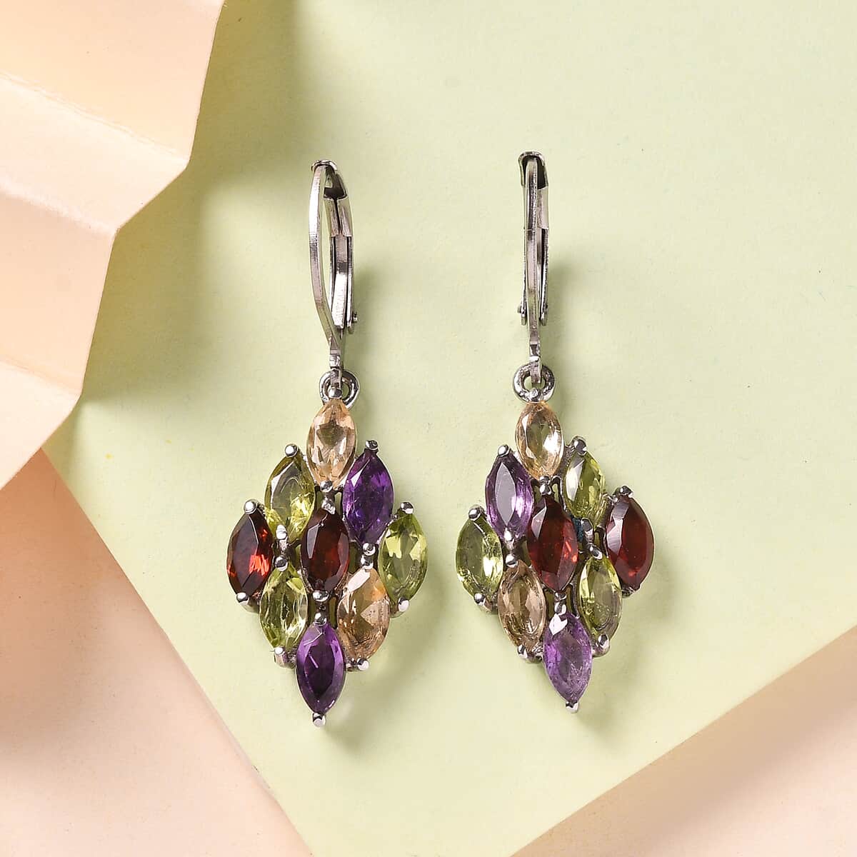 Multi Gemstone 4.30 ctw Lever Back Earrings in Stainless Steel  image number 1