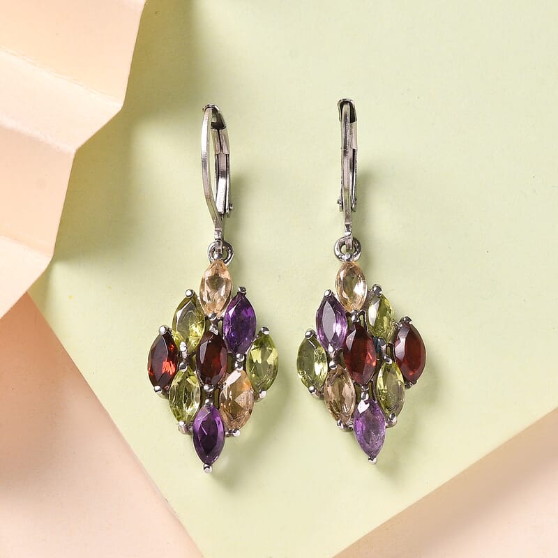Multi Gemstone 4.30 ctw Lever Back Earrings in Stainless Steel