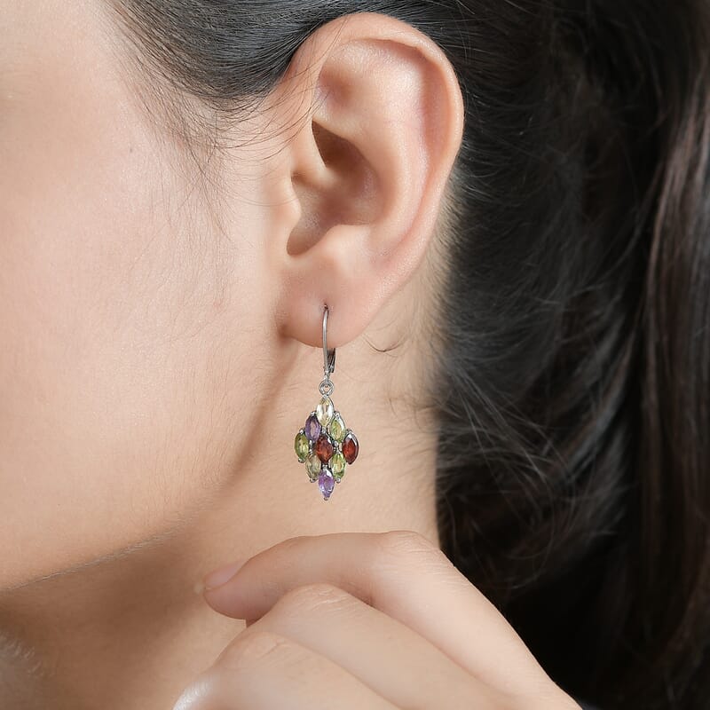 Multi Gemstone 4.30 ctw Lever Back Earrings in Stainless Steel