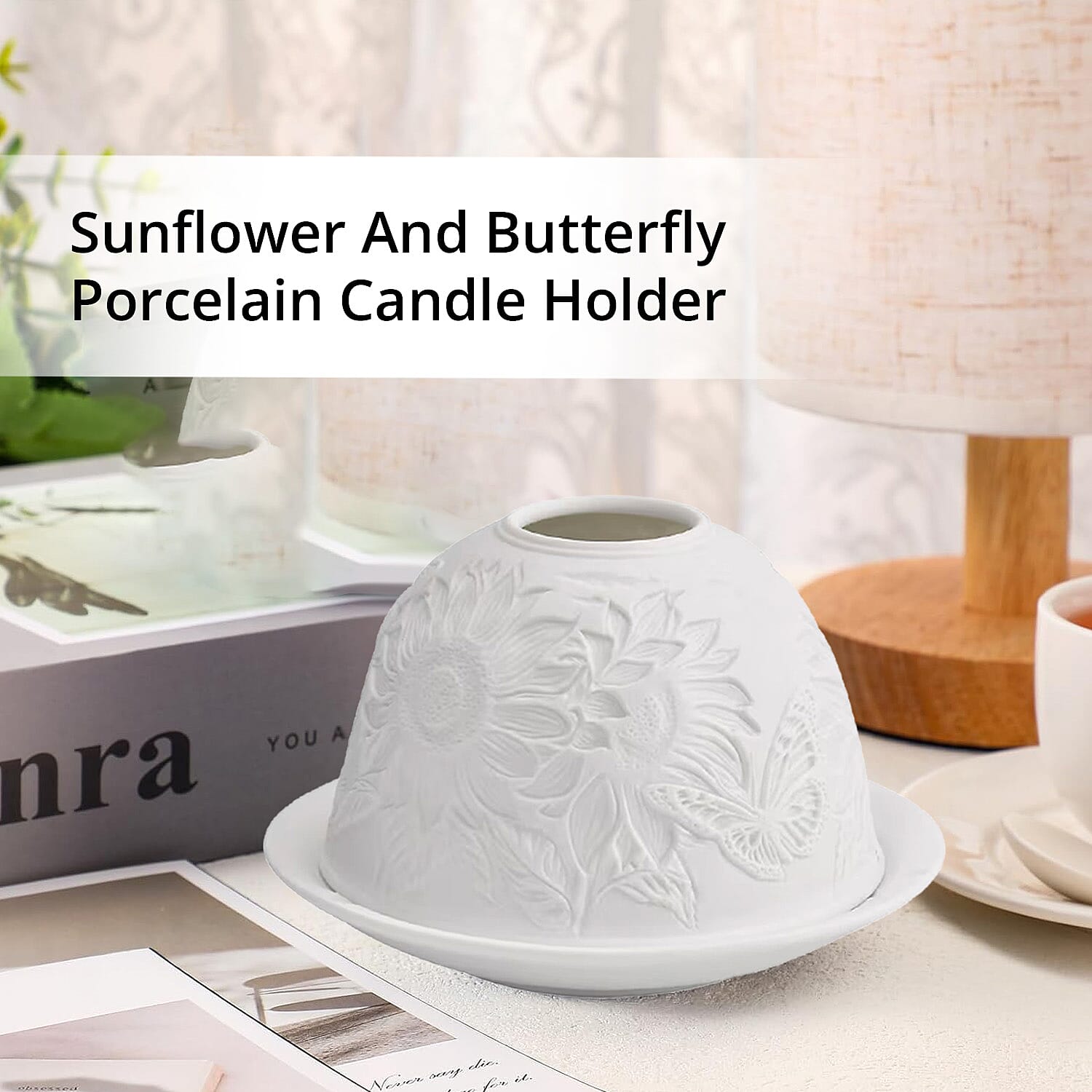 Sunflower and Butterfly Porcelain Candle Holder with LED light