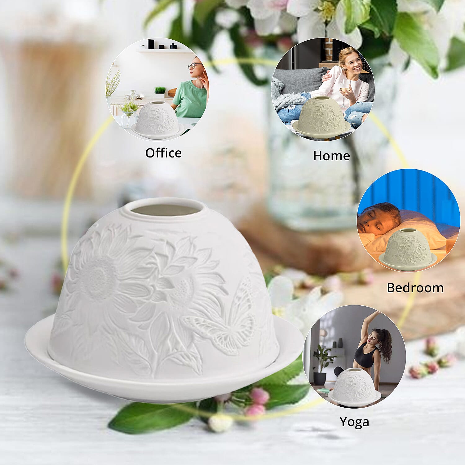 Sunflower and Butterfly Porcelain Candle Holder with LED light