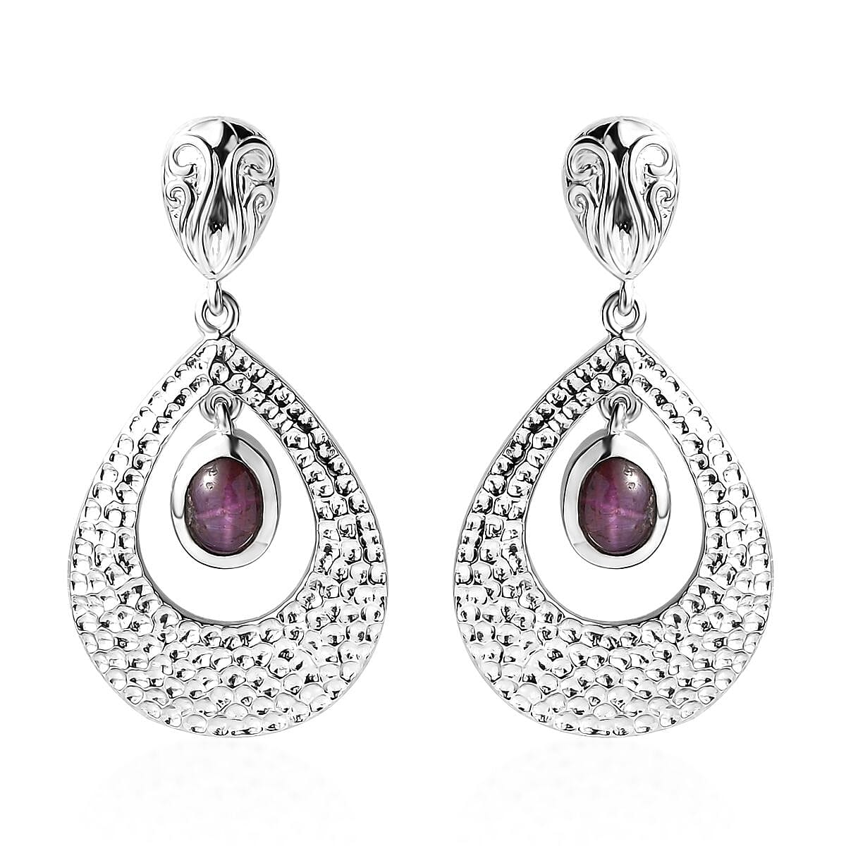 D'Joy Indian Star Ruby Drop Earrings in Rhodium Over Sterling Silver 3.10 ctw