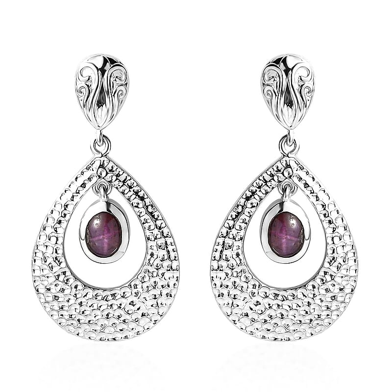 D'Joy Indian Star Ruby Drop Earrings in Rhodium Over Sterling Silver 3.10 ctw