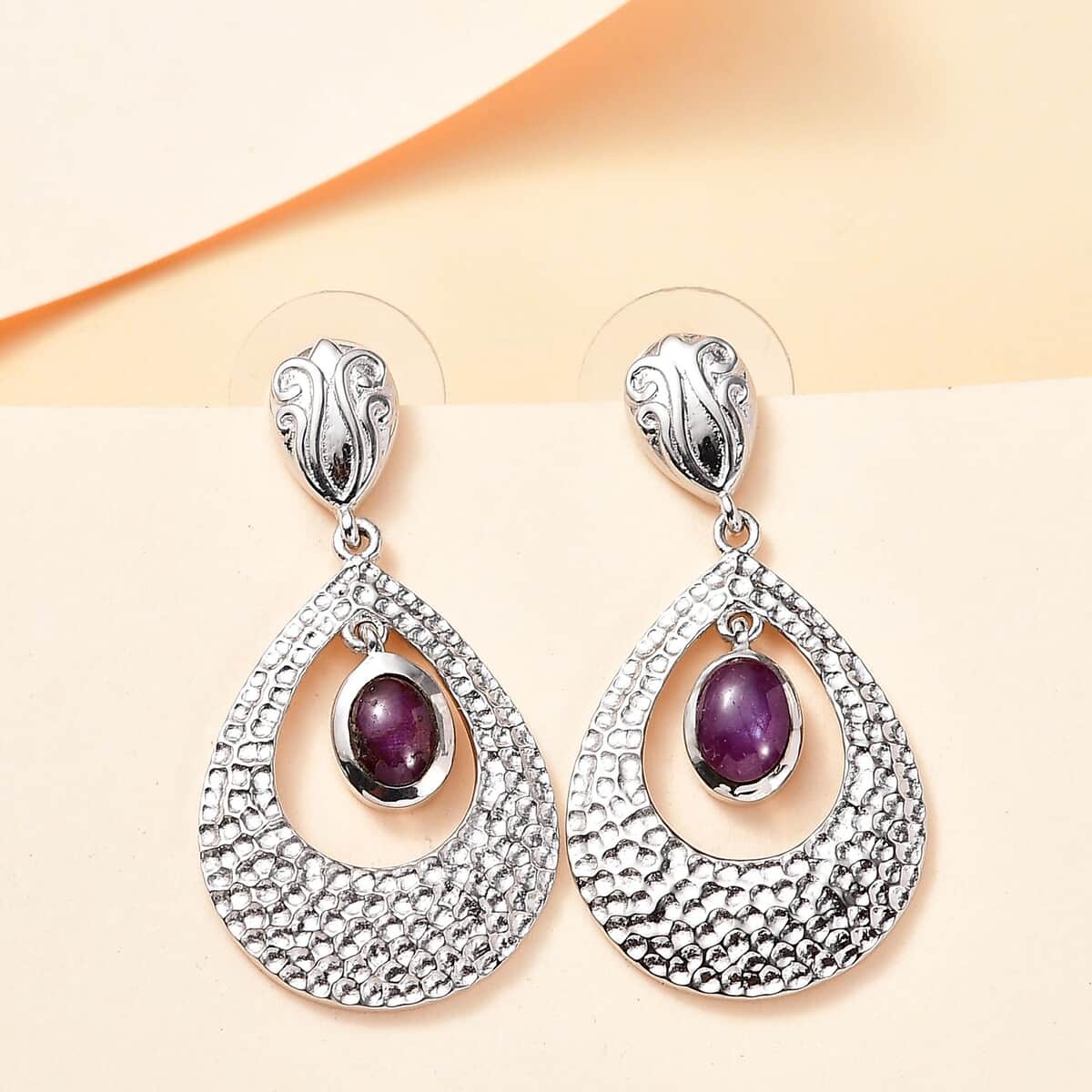 Indian Star Ruby Drop Earrings in Rhodium Over Sterling Silver 3.10 ctw image number 1