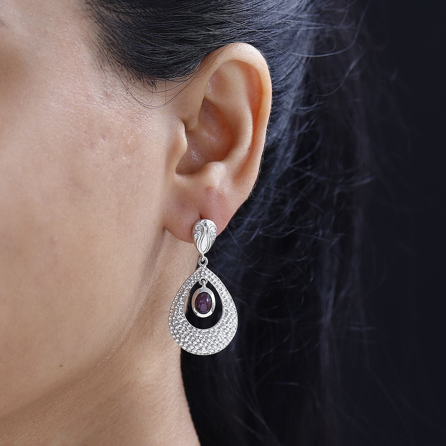 D'Joy Indian Star Ruby Drop Earrings in Rhodium Over Sterling Silver 3.10 ctw