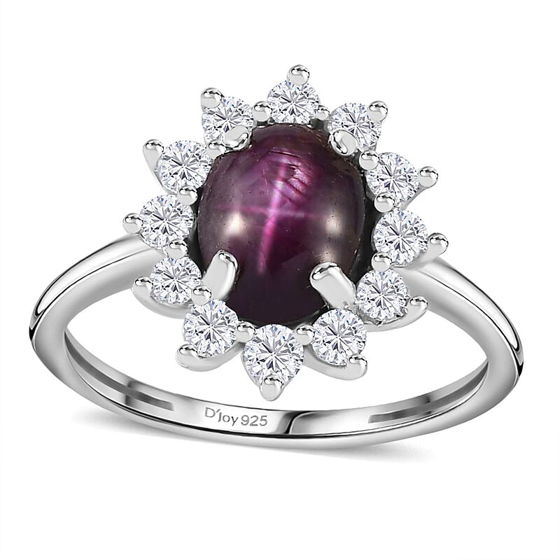 Indian Star Ruby and Moissanite Shining Star Ring in Rhodium Over Sterling Silver (Size 5.0) 2.65 ctw