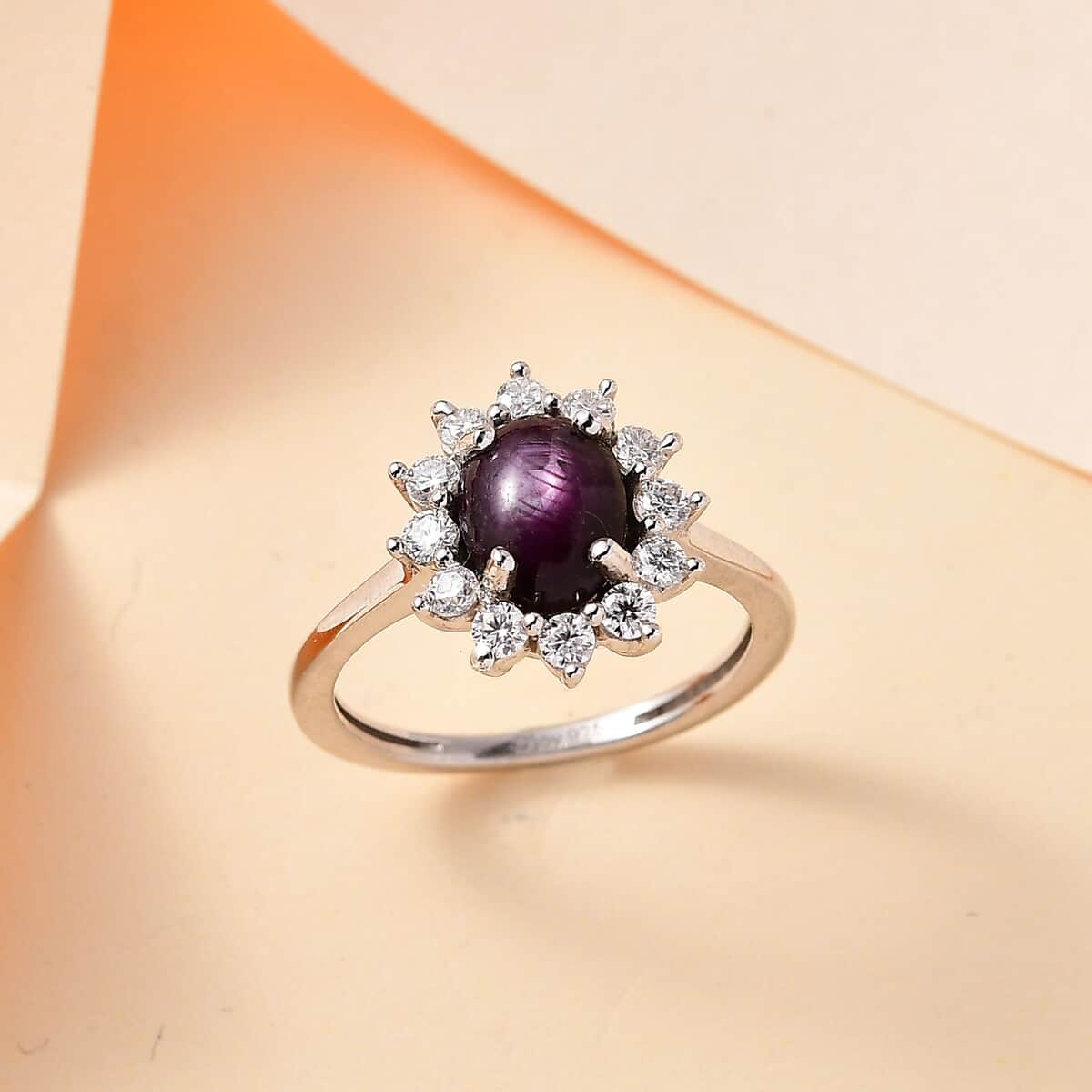 Indian Star Ruby and Moissanite Sunburst Ring in Rhodium Over Sterling Silver 2.65 ctw image number 1