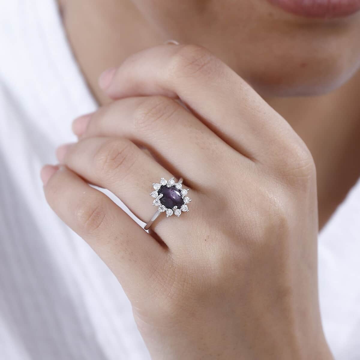 Indian Star Ruby and Moissanite Sunburst Ring in Rhodium Over Sterling Silver 2.65 ctw image number 2