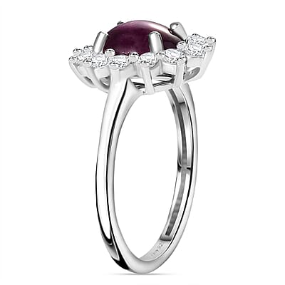 Indian Star Ruby and Moissanite Shining Star Ring in Rhodium Over Sterling Silver (Size 5.0) 2.65 ctw