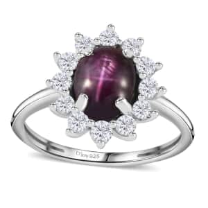 Indian Star Ruby and Moissanite Shining Star Ring in Rhodium Over Sterling Silver (Size 7.0) 2.65 ctw