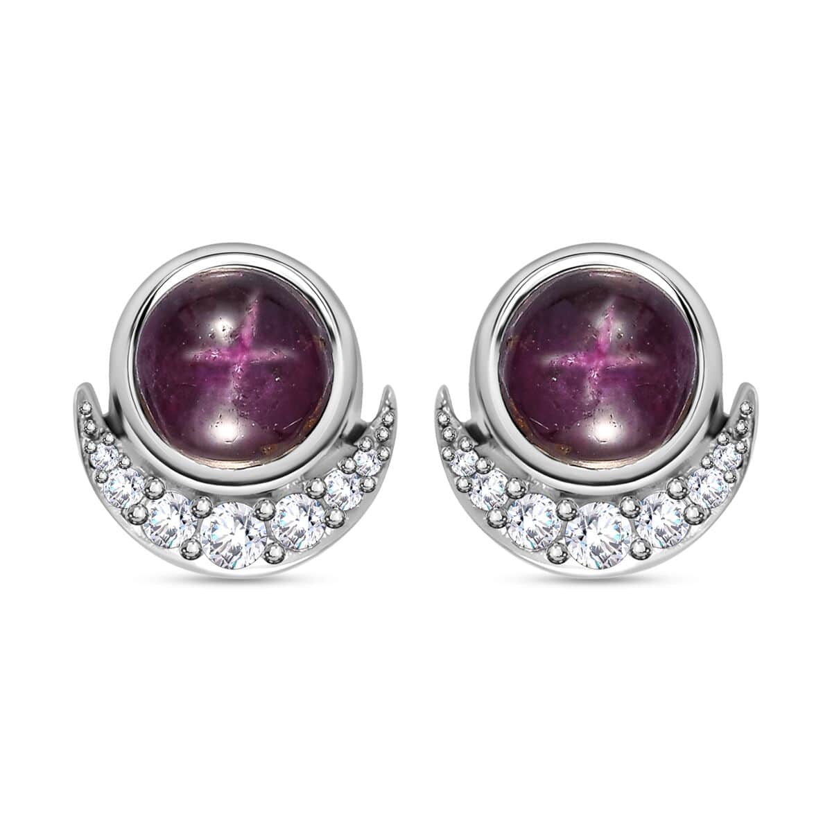 Indian Star Ruby and White Zircon Star and Moon Earrings in Rhodium Over Sterling Silver 3.65 ctw image number 0