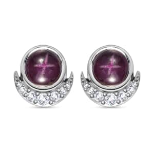 Indian Star Ruby and White Zircon Star and Moon Earrings in Rhodium Over Sterling Silver 3.65 ctw