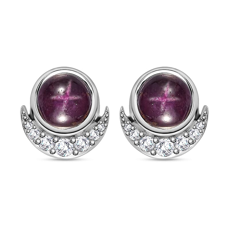 Indian Star Ruby and White Zircon Star and Moon Earrings in Rhodium Over Sterling Silver 3.65 ctw