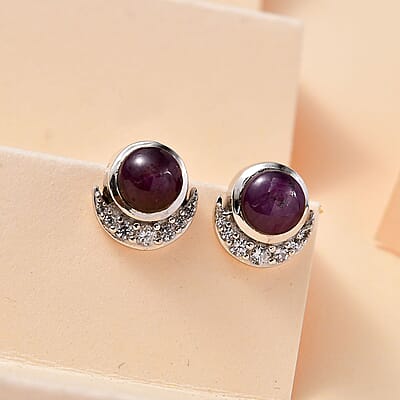 Indian Star Ruby and White Zircon Star and Moon Earrings in Rhodium Over Sterling Silver 3.65 ctw