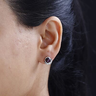 Indian Star Ruby and White Zircon Star and Moon Earrings in Rhodium Over Sterling Silver 3.65 ctw
