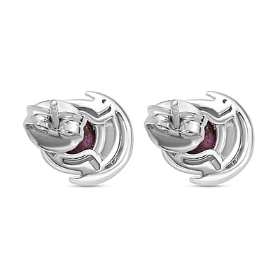 Indian Star Ruby and White Zircon Star and Moon Earrings in Rhodium Over Sterling Silver 3.65 ctw