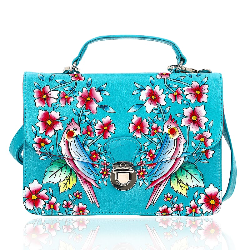 Sukriti Green Floral Hand Painted Genuine Leather Crossbody Bag With Adjustable Strap