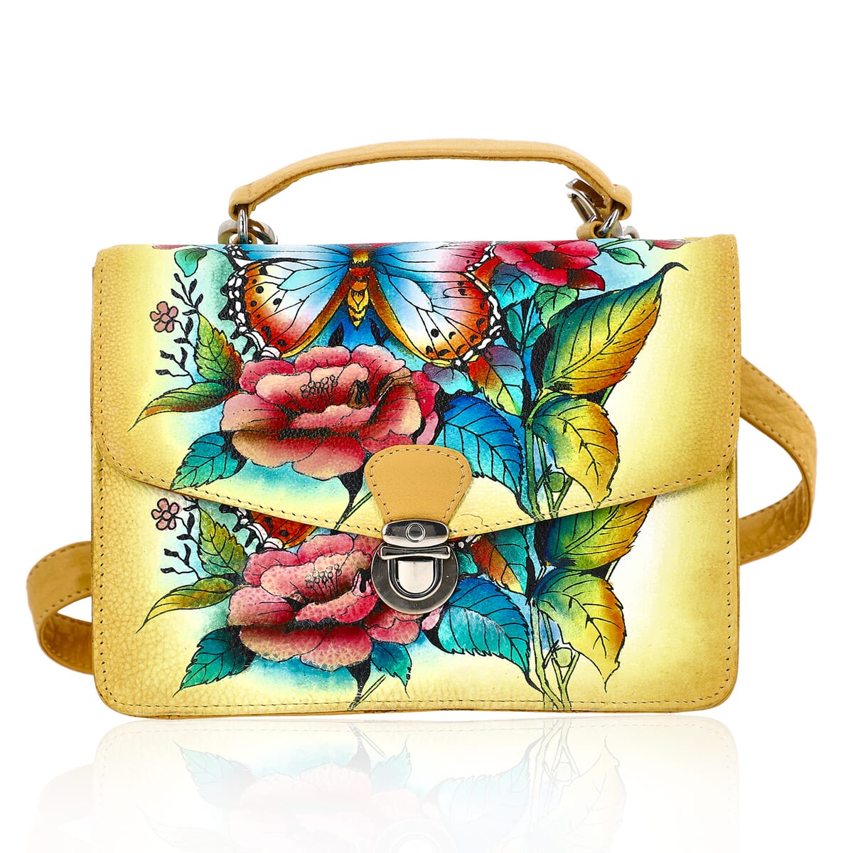 Sukriti Beige Floral Hand Painted Genuine Leather Crossbody Bag With Adjustable Strap image number 0