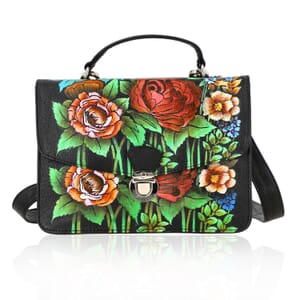 Sukriti Black Floral Hand Painted Genuine Leather Crossbody Bag With Adjustable Strap