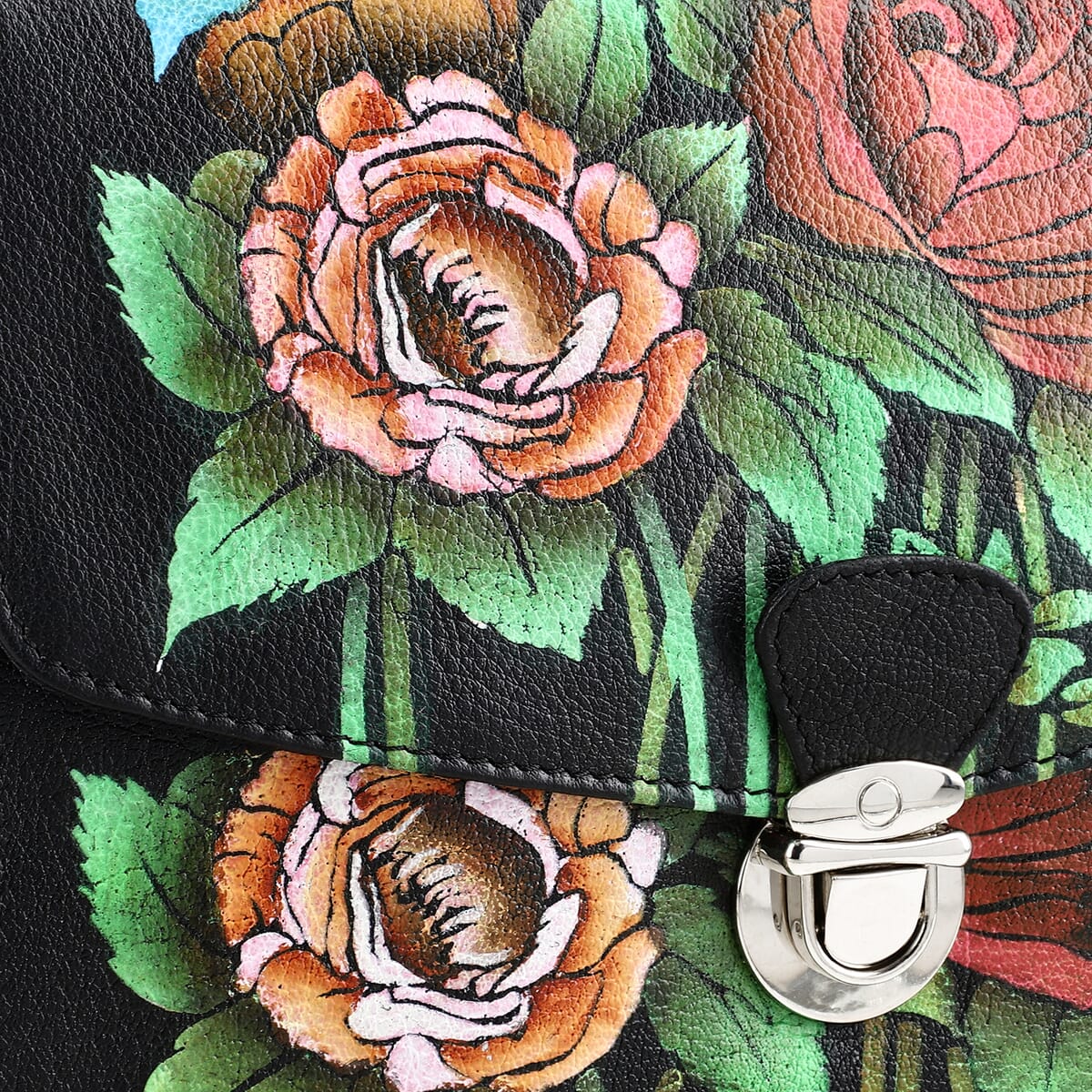 Sukriti Black Floral Hand Painted Genuine Leather Crossbody Bag With Adjustable Strap image number 8