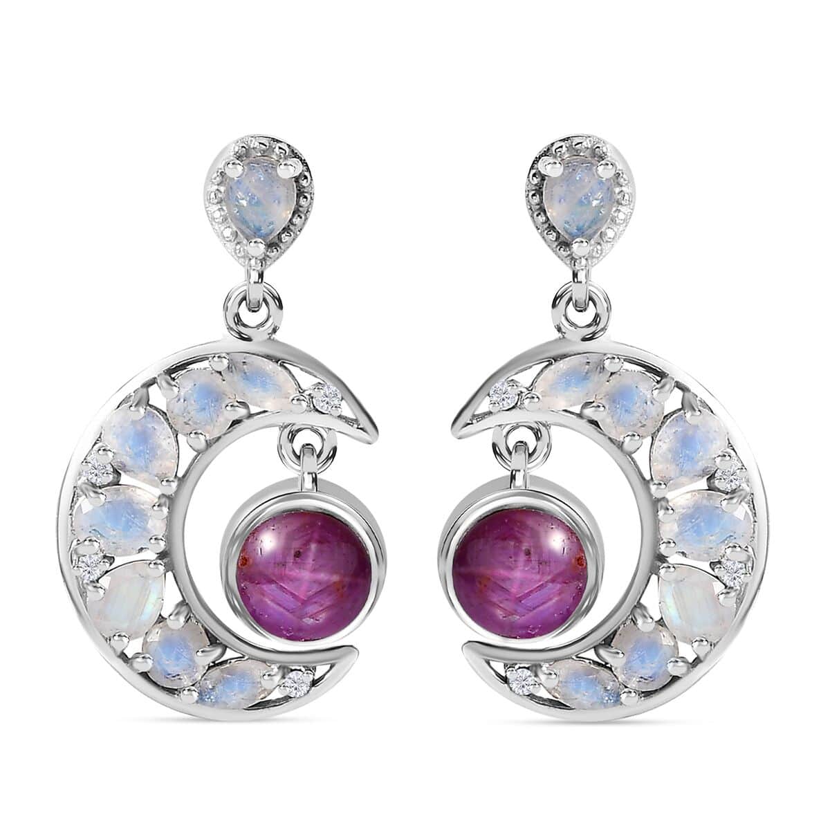 Indian Star Ruby and Multi Gemstone Celestial Earrings in Rhodium Over Sterling Silver 5.50 ctw image number 0