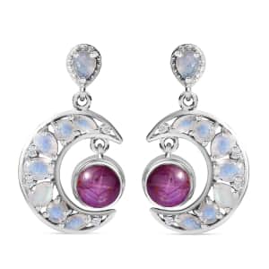 Indian Star Ruby and Multi Gemstone Celestial Earrings in Rhodium Over Sterling Silver 5.50 ctw