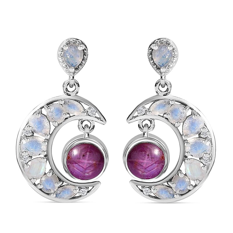 Indian Star Ruby and Multi Gemstone Celestial Earrings in Rhodium Over Sterling Silver 5.50 ctw