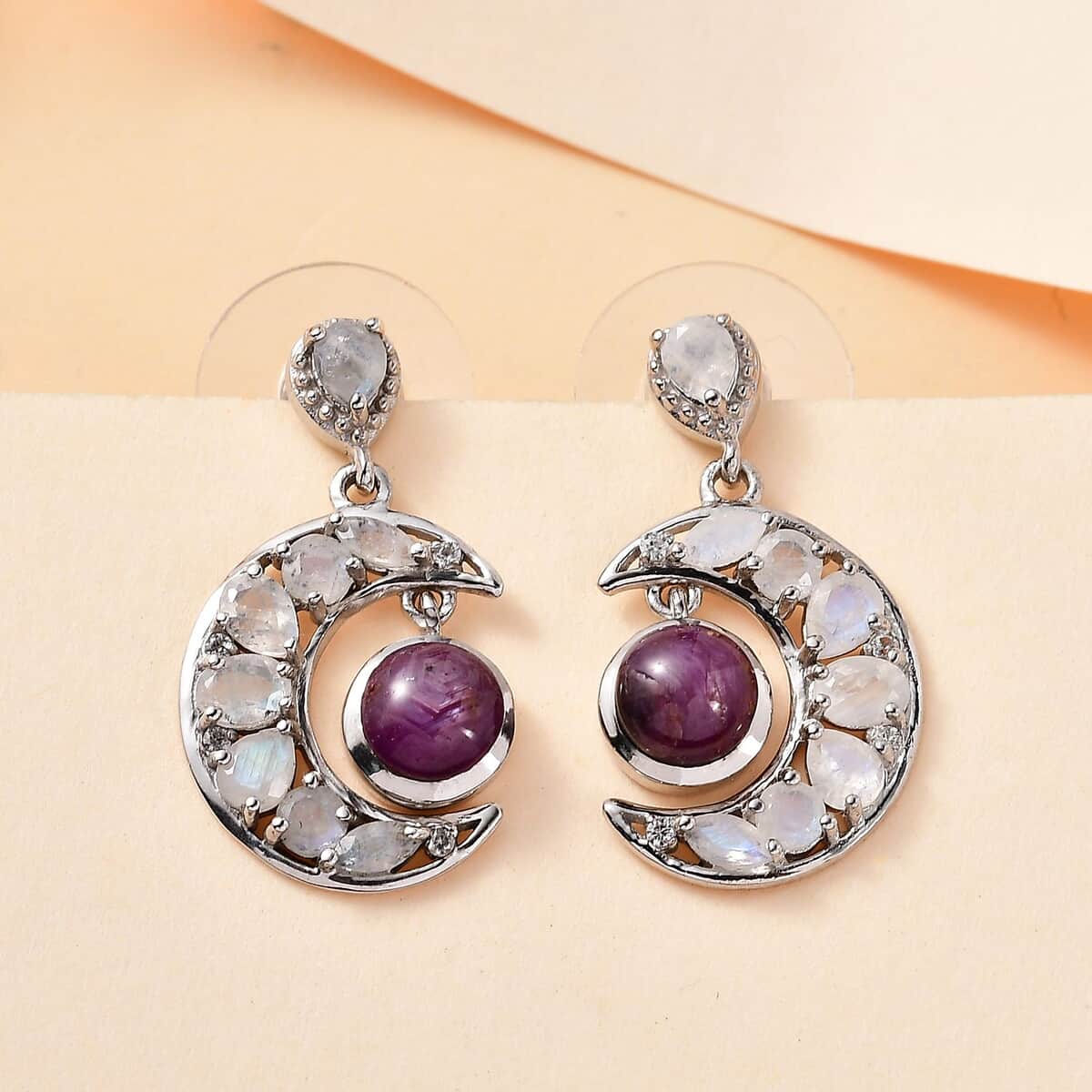 Indian Star Ruby and Multi Gemstone Celestial Earrings in Rhodium Over Sterling Silver 5.50 ctw image number 1