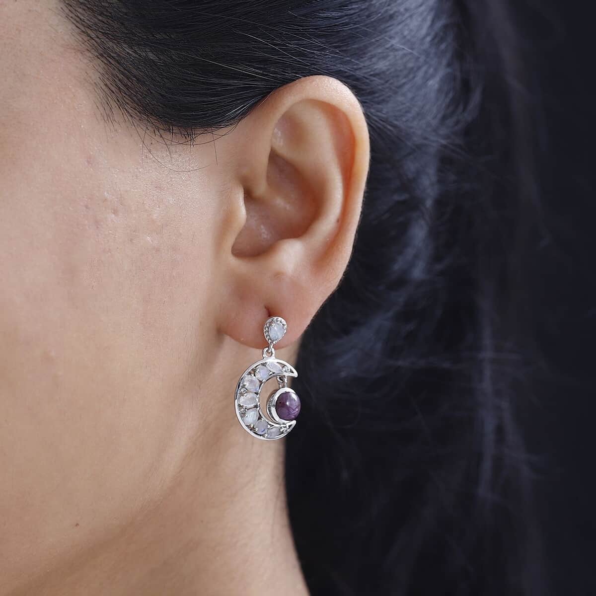 Indian Star Ruby and Multi Gemstone Celestial Earrings in Rhodium Over Sterling Silver 5.50 ctw image number 2