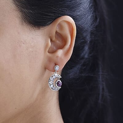 Indian Star Ruby and Multi Gemstone Celestial Earrings in Rhodium Over Sterling Silver 5.50 ctw