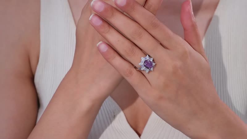 Indian Star Ruby and Multi Gemstone Floral Ring in Rhodium Over Sterling Silver 6.15 ctw