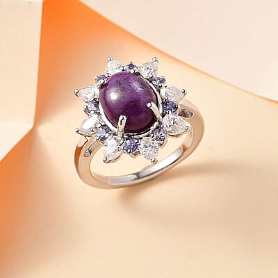 Indian Star Ruby and Multi Gemstone Star Burst Ring in Rhodium Over Sterling Silver (Size 5.0) 6.15 ctw