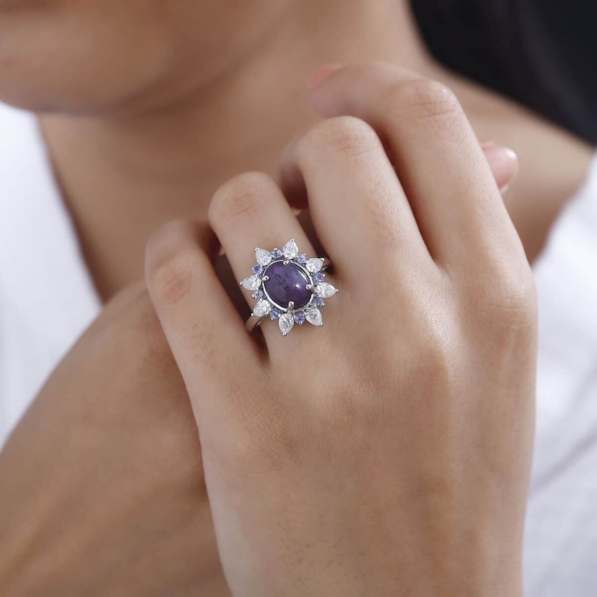 Indian Star Ruby and Multi Gemstone Star Burst Ring in Rhodium Over Sterling Silver (Size 5.0) 6.15 ctw image number 2