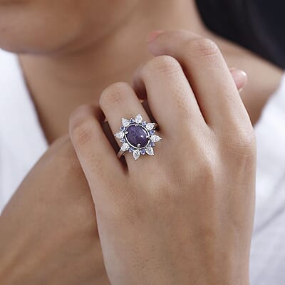 Indian Star Ruby and Multi Gemstone Star Burst Ring in Rhodium Over Sterling Silver (Size 5.0) 6.15 ctw