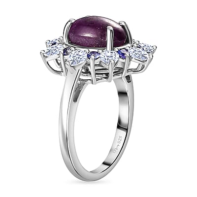 Indian Star Ruby and Multi Gemstone Star Burst Ring in Rhodium Over Sterling Silver (Size 5.0) 6.15 ctw