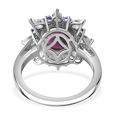 Indian Star Ruby and Multi Gemstone Star Burst Ring in Rhodium Over Sterling Silver (Size 5.0) 6.15 ctw