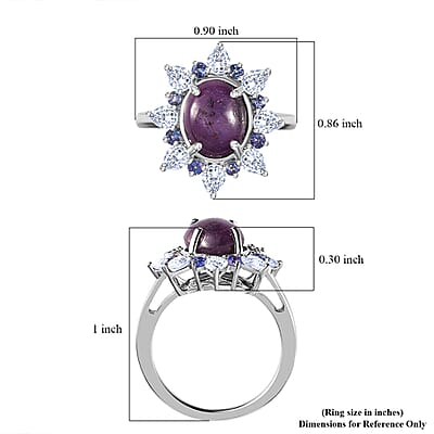 Indian Star Ruby and Multi Gemstone Star Burst Ring in Rhodium Over Sterling Silver (Size 5.0) 6.15 ctw