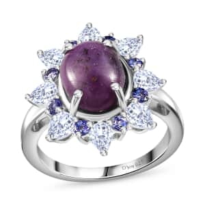 Indian Star Ruby and Multi Gemstone Star Burst Ring in Rhodium Over Sterling Silver (Size 6.0) 6.15 ctw