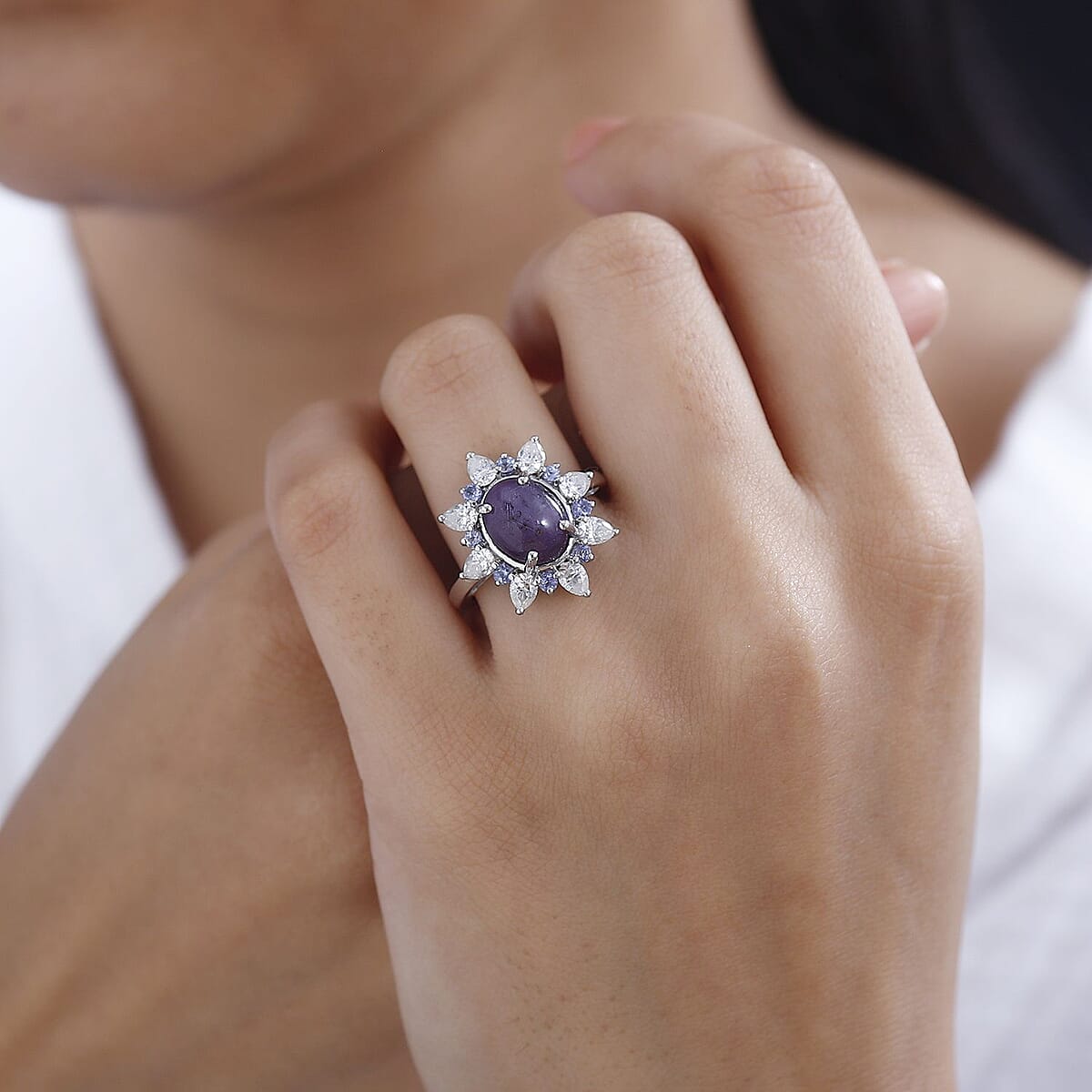 Indian Star Ruby and Multi Gemstone Star Burst Ring in Rhodium Over Sterling Silver (Size 9.0) 6.15 ctw image number 2