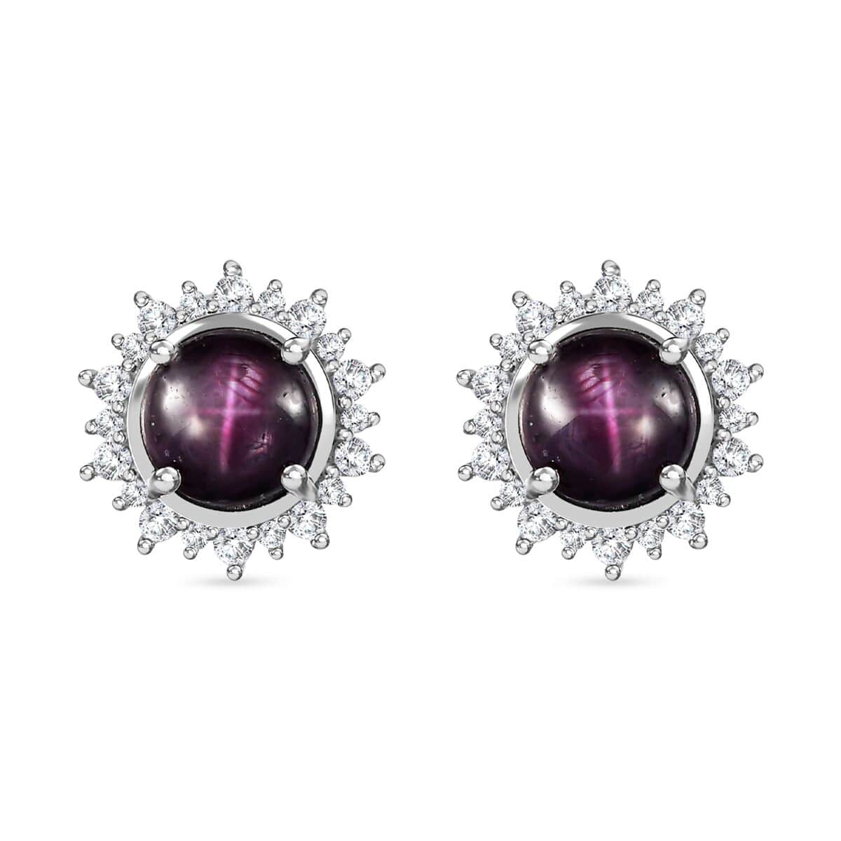 Indian Star Ruby and White Zircon Star Burst Earrings in Rhodium Over Sterling Silver 5.60 ctw image number 0