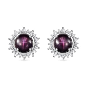 Indian Star Ruby and White Zircon Star Burst Earrings in Rhodium Over Sterling Silver 5.60 ctw