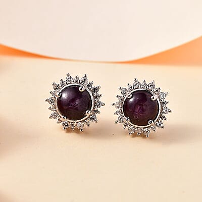 Indian Star Ruby and White Zircon Star Burst Earrings in Rhodium Over Sterling Silver 5.60 ctw