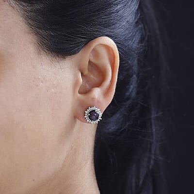 Indian Star Ruby and White Zircon Star Burst Earrings in Rhodium Over Sterling Silver 5.60 ctw