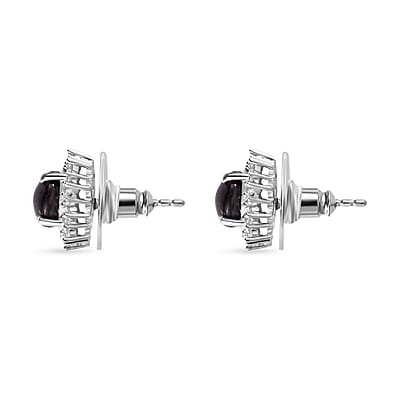 Indian Star Ruby and White Zircon Star Burst Earrings in Rhodium Over Sterling Silver 5.60 ctw